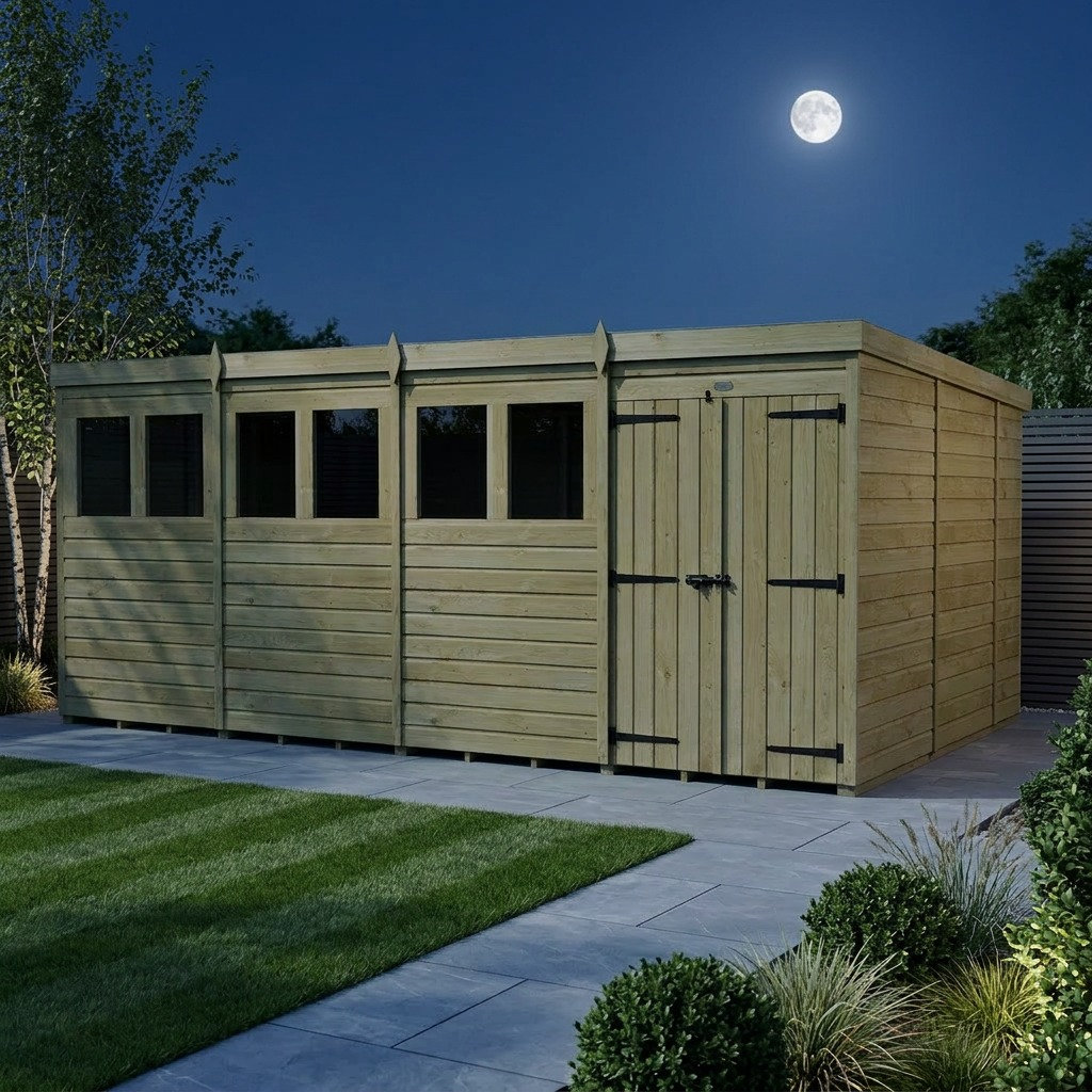 Total Sheds 16ft x 10ft Pent Garden Shed - Double Door - With Windows - Pressure Treated Timber - UK Manufactured