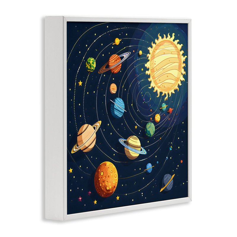 Planètes autour du soleil, estampe numérique, design by Creative Studio, Giclée encadrée blanc bord de mer, H 17 po x l 17 po