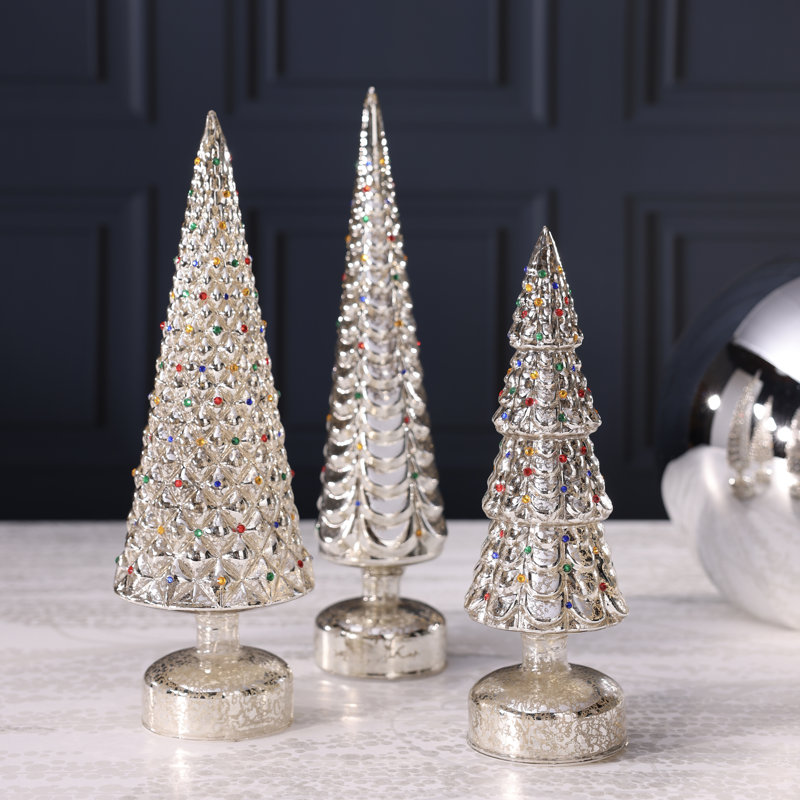 Sapins de table en verre scintillant « Bijou de Noël », ensemble de 3, Argent