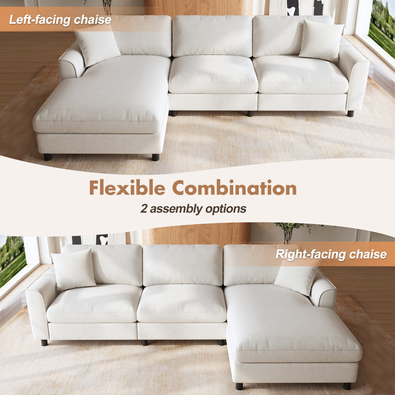3 Seater Corner Sectional, Beige Chenille