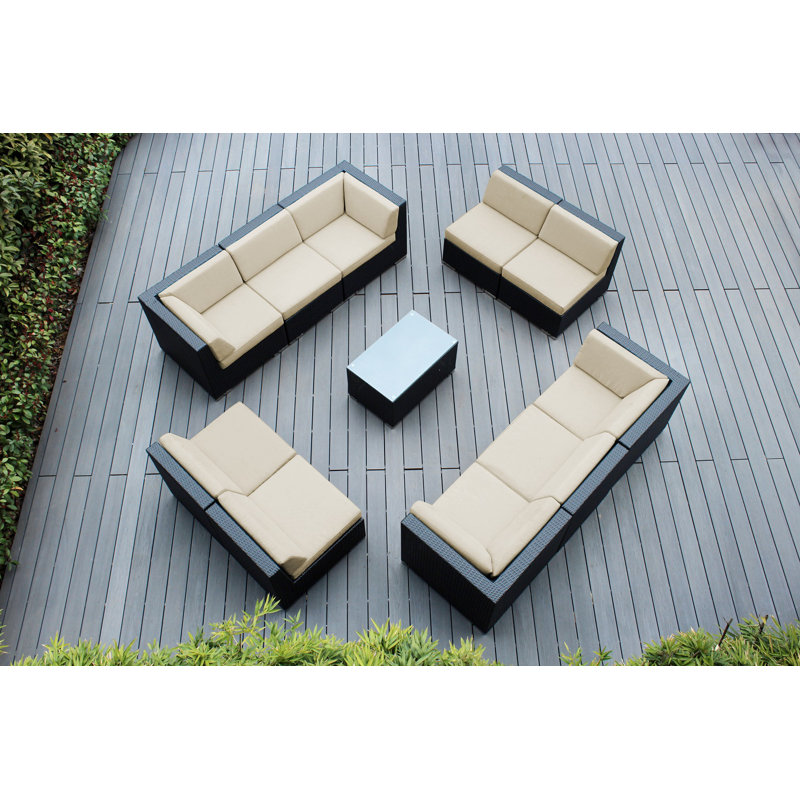 Pavior Wicker 10 - Person Seating Group with Cushions - No Assembly, Antique Beige Sunbrella® Canvas