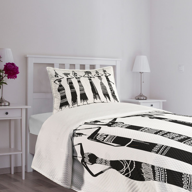 Twin White Quilted Bedspread Set with African Women Design