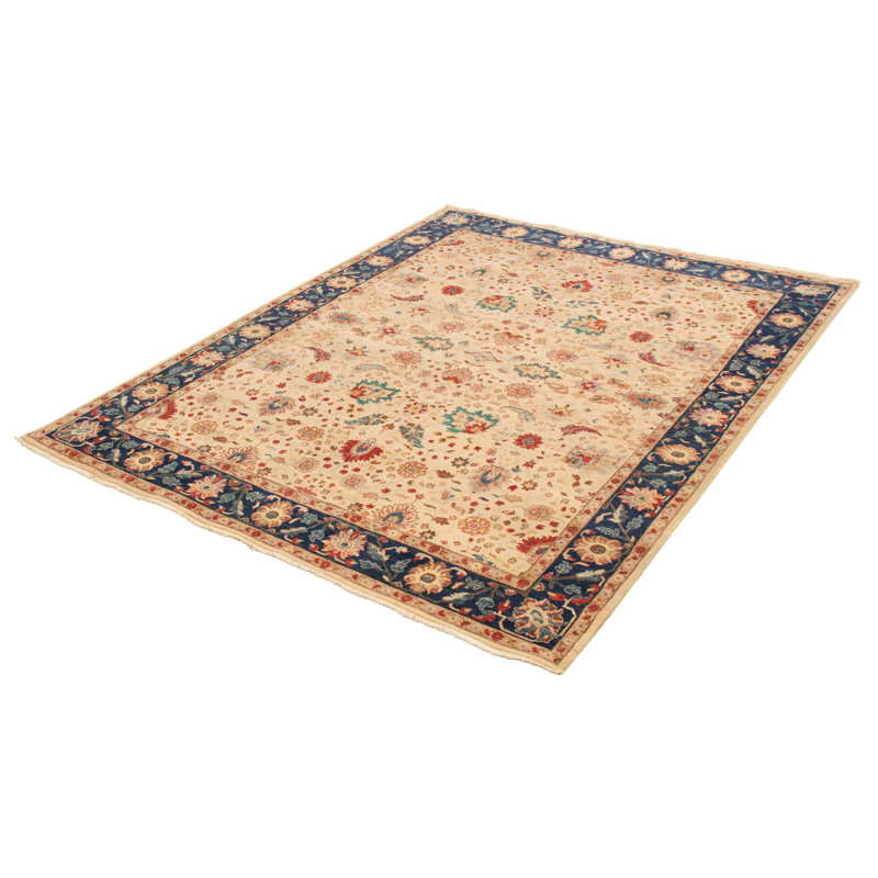 Tapis décoratif beige/bleu marine en laine noué à la main de conception unique 8 pi 1 po x 10 pi 2 po noué à la main New Age