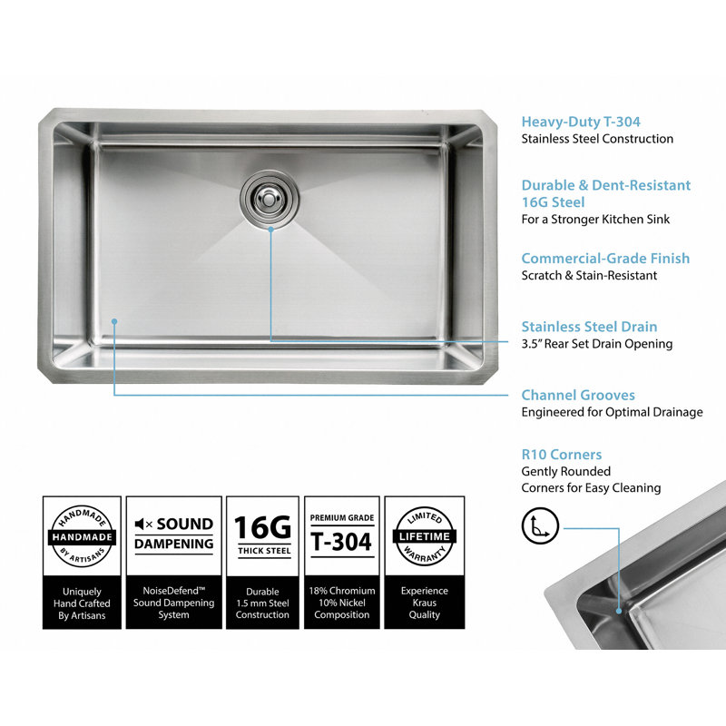 KRAUS Standart Pro Undermount 16 Gauge Stainless Steel Bar Kitchen Sink, Single Bowl, 10"H x 18"W x 32"L