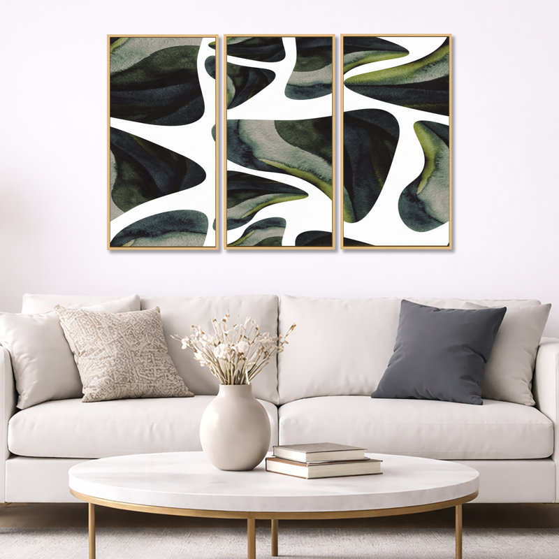 Abstrait éléments vert foncé III - ensemble d'art mural moderne sur toile encadrée 3, H 32 po x l 48 po, Érable