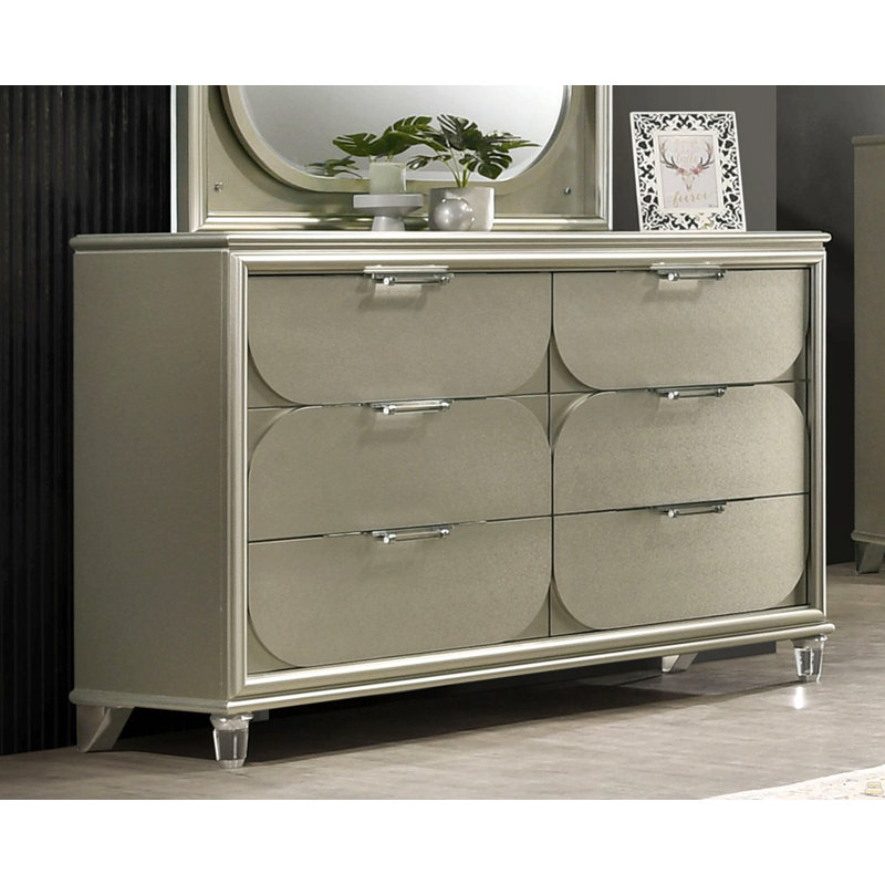 Commode 1Pc avec poignées en acrylique et panneaux en relief à 6 tiroirs