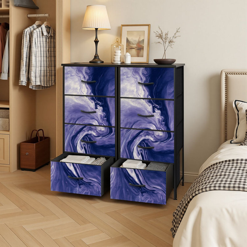 Commode à 4 tiroirs avec rangement vertical en marbre bleu et tiroirs en bois