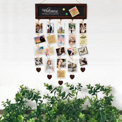 Picture Frames Collage Display Board With 30 Clips - Multi Photos Cards Organizer With Adjustable Twines And Magnetic Blackboard - 15.7X5 Inches