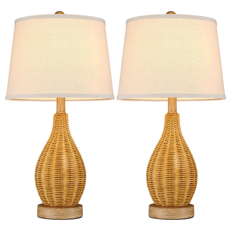 Ensemble de 2 lampes de table 23 "Farmhouse Boho avec base en rotin tissé à la main et abat-jour en lin