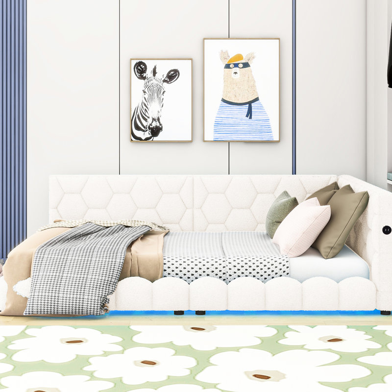 Lit tapissier blanc avec ceinture de charge et à DEL - Bois de pin + construction, plateforme complète Pleasant Dreams et construction solide et solide, installation facile