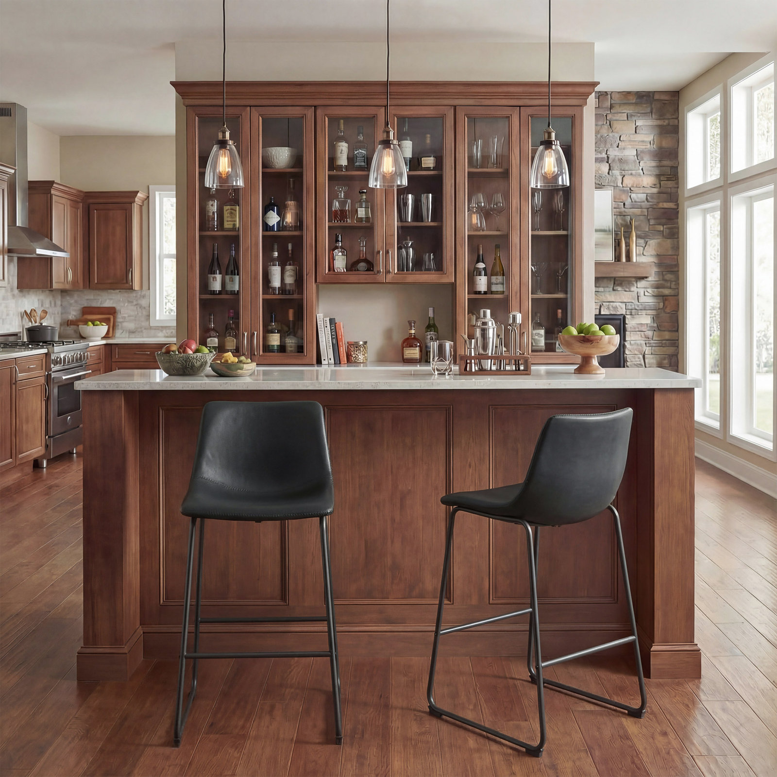 Anke Vegan Leather Armless (Set of 2), Black, Bar Stool (29" Seat Height)