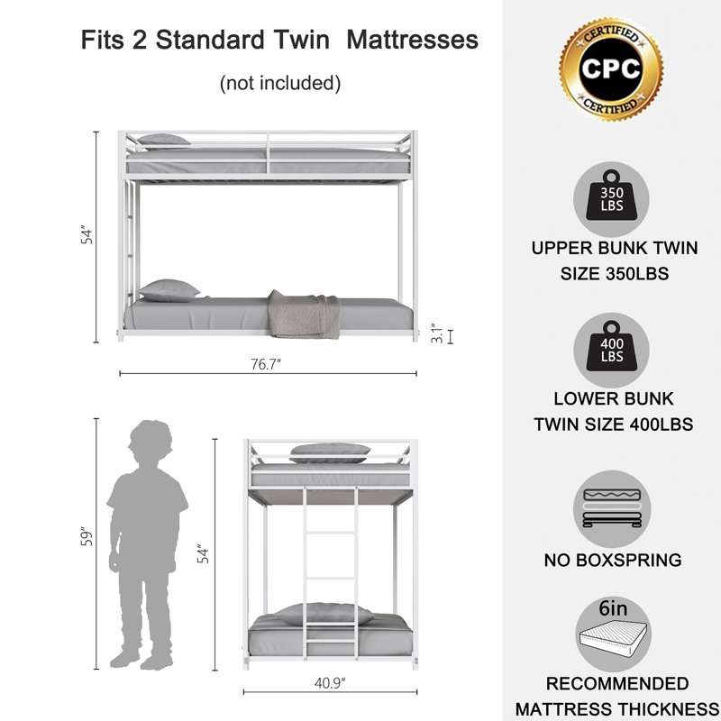 Lit superposé en métal robuste pour enfants et adultes - Profil bas avec échelle facile à monter, Simple sur simple, Blanc
