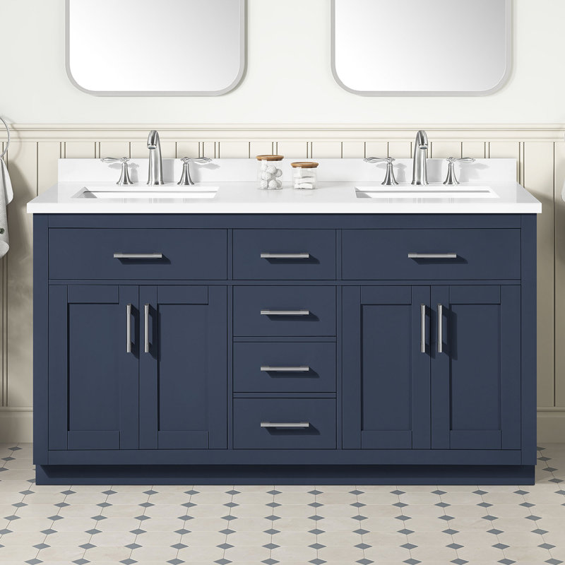 OVE Decors Bailey Meuble-lavabo double autoportant bleu nuit avec comptoir en quartz blanc, dosseret assorti et barre d'alimentation