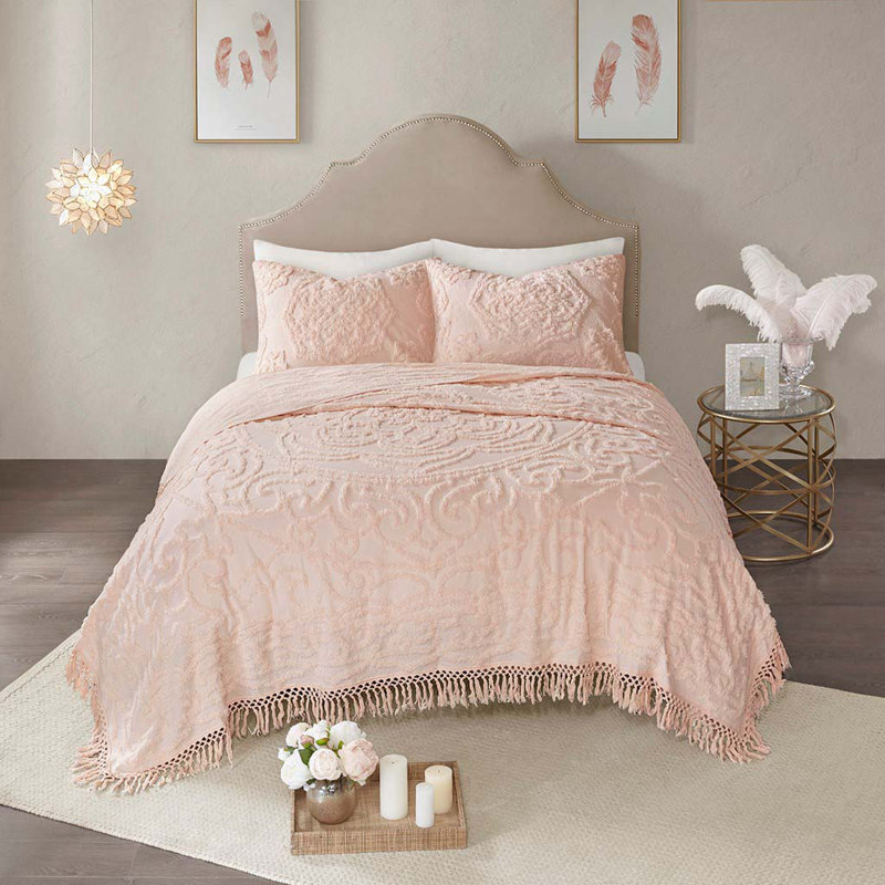 Mini ensemble de couvre-lit touffeté en chenille, Rosé, Couvre-lit très grand + 2 taies décoratives stan