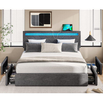 Queen Bed Frame With 4 Drawers, Led Lights Adjustable Upholstered Headboard With 2 Usb Ports, Easy Assembly, No Box Spring Needed, Dark Grey -  Orren Ellis, DA5D078B347645A5AA53053FE51A33D3