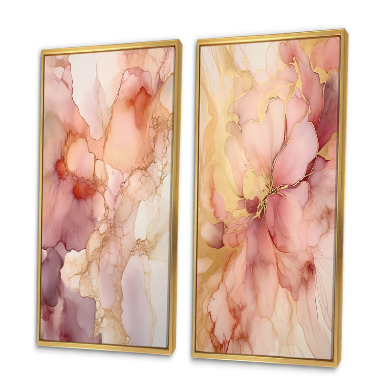 «Pink Luminous Liquids», 2 pièces sur toile, Encadrement doré, H 20 po x l 24 po
