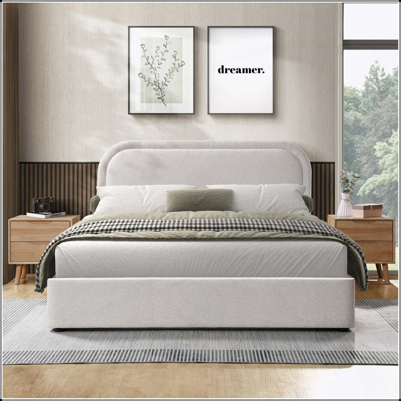Cloudhaven Rounded Boucle Fabric Upholstered Bed Frame, Elegant and Comfortable for Modern Bedrooms