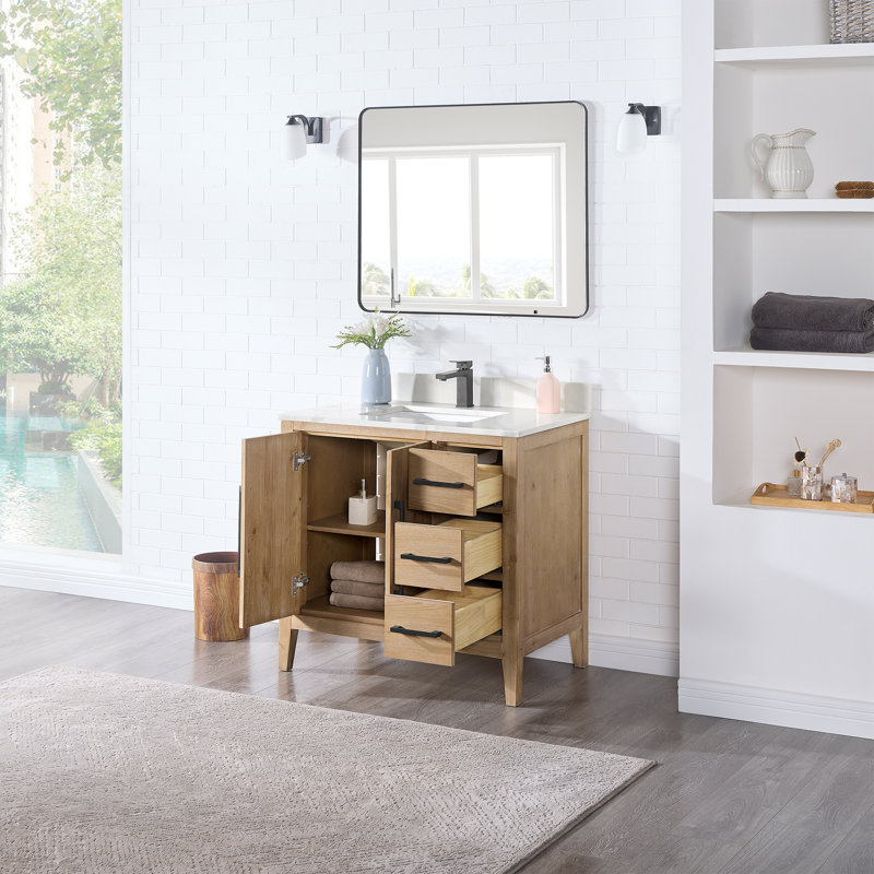 Griselde Free-Standing Single Vanity with Quartz Top and Mirror, Weathered Fir