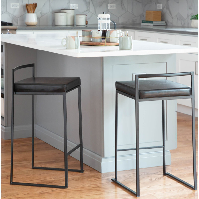 Brieon Upholstered Counter Stool with Metal Frame, Black Faux Leather, Black, Counter Stool (27" Seat Height)