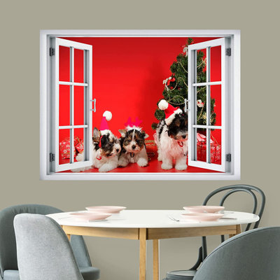 IDEA4WALL Removable Wall Sticker/Wall Mural Window View Cute Christmas Santa Hat Puppy Dogs Celebrations & Holidays Nature Photography Rustic Landscape For Living Room, Bedroom, Office