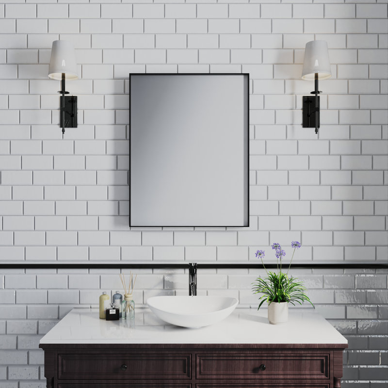 Metal Rectangle Mirror with Aluminum Frame, Bathroom Mirror with Resistant Glass, 28" x 36", Black