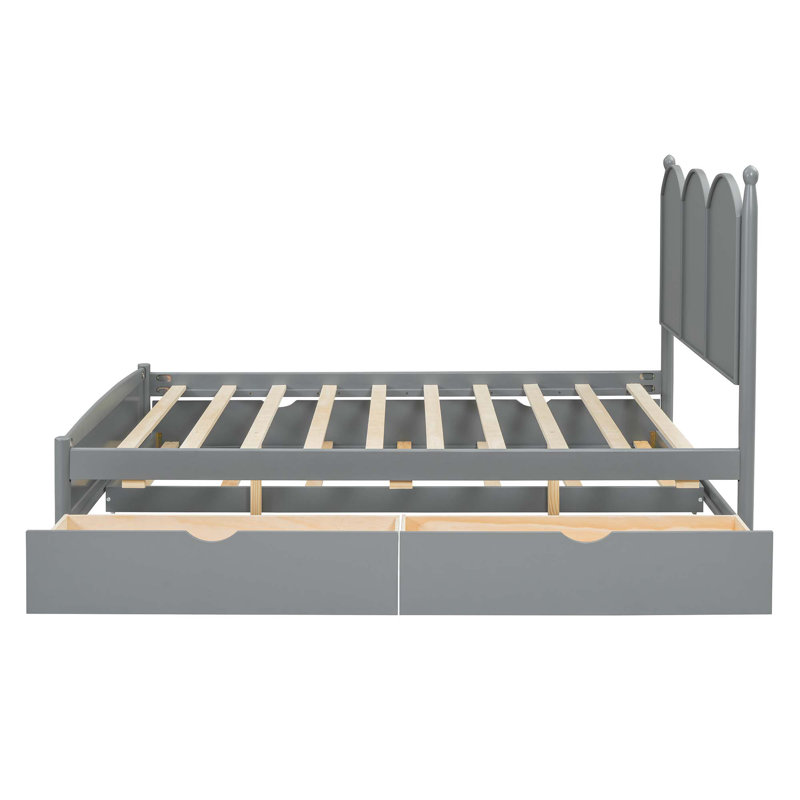 Grand lit plateforme avec 2 grands tiroirs et 1 lit gigogne simple, Gris