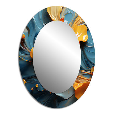 Modern Orange Leaves Floating on Tender Blue Wave - Large Oval Wall Mirror On Metal