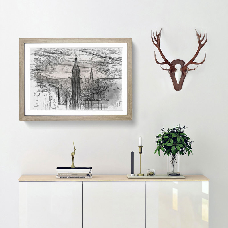 New York Skyline in Abstract - Picture Frame Graphic Art Print, 62cm H x 87cm W x 2cm D, Oak Framed
