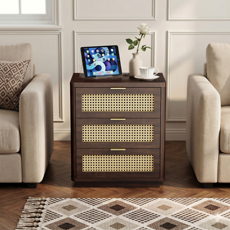 22.83'' W Nightstand With 3 Drawers And Charging Station ( Set Of 2 ), Brown