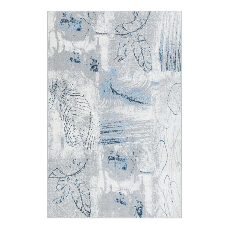 Tapis floral en polyester tissé à la machine en blanc / gris / bleu Lamm, Rectangle 6 pi 1 po x 9 pi