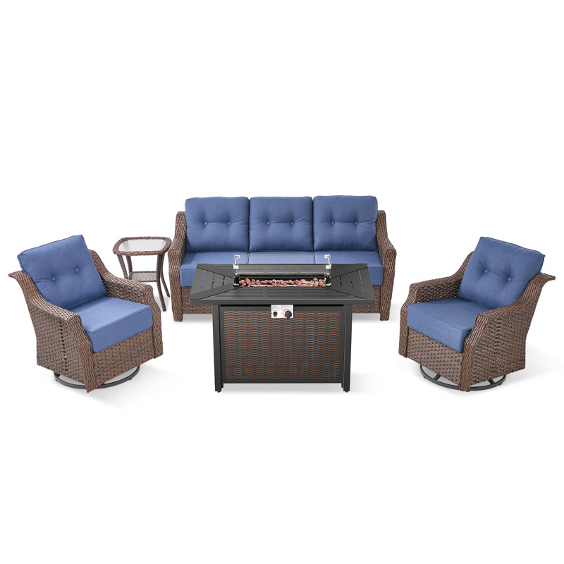 Circlarmino 5-Piece Outdoor Wicker Patio Conversation Set With Rectangle Metal Fire Pit, Swivel Gliders And Side Table For Patio