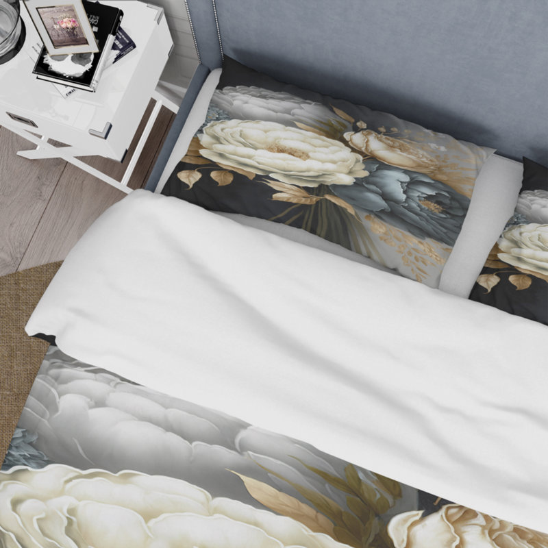 Bouquet de pivoines blanches, bleues et grises III - ensemble de housse de couette pivoine florale - polyester microfibre