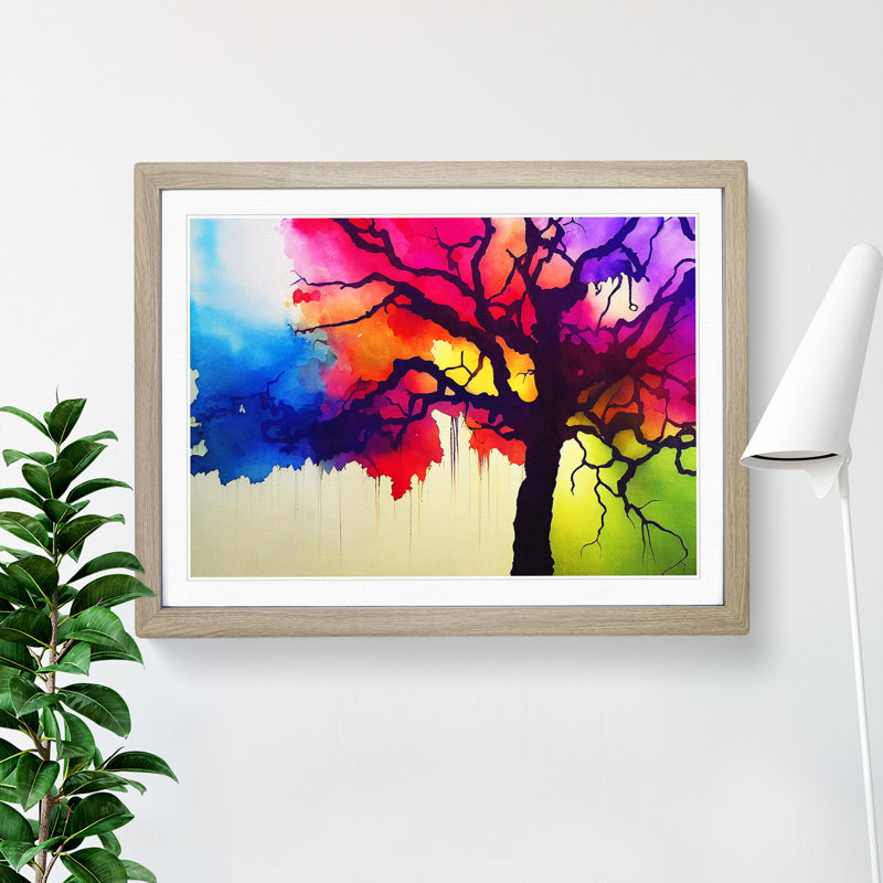 XH1022-8655X Super Colourful Tree Abstract - Single Picture Frame Painting, 46cm H x 64cm W x 2cm D, Oak