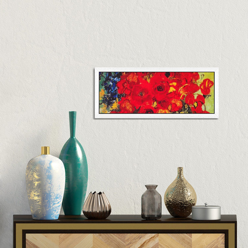 Vase With Daisies & Poppies by Vincent Van Gogh - Panoramic Painting on Canvas, 30.48 cm H x 91.44 cm W, White Framed