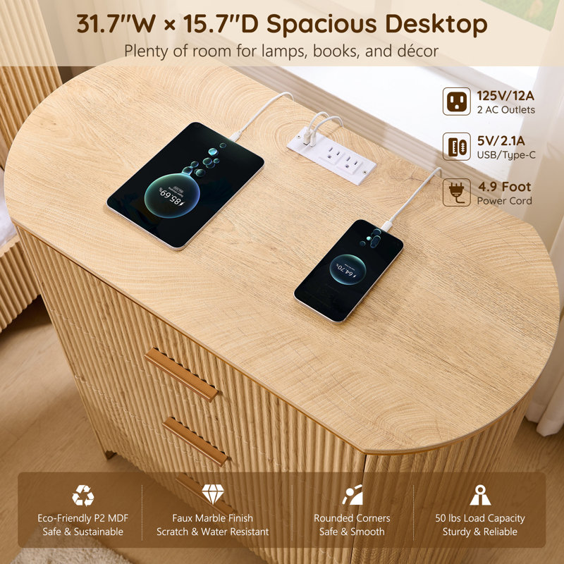 Fluted 3 Drawers Nightstand With Charging Station, 31.7"W  Bedside Table With Curved Profile Design, End Table Storage With Usb Ports For Bedroom, Living Room, Gold Metal Handle,Natural Oak