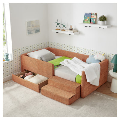 Lit pour enfant orange avec garde-corps et marchepied en mousse Orange Boucle