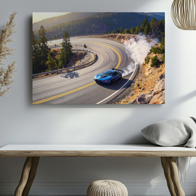 Wall Art Edge Of Grip Blue Sports Car Drifting Through Mountain Curve Canvas Ready To Hang Gallery Wrapped Home Decor Modern Design
