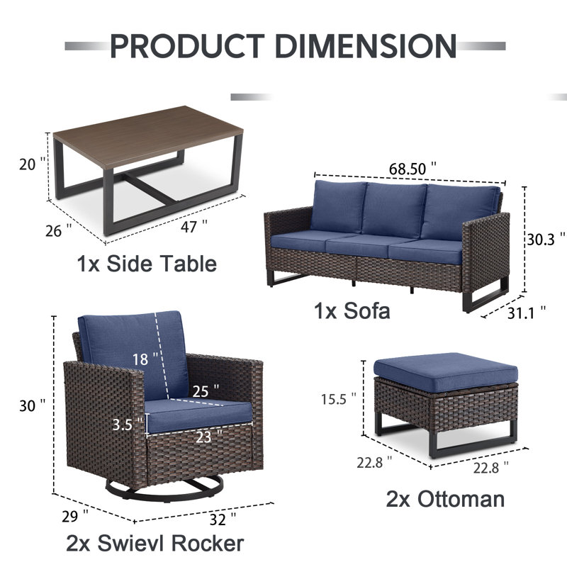 Ensemble de conversation d'extérieur en osier 7 pièces: canapé, 2 chaises pivotantes, 2 repose-pieds et table d'appoint, Bleu