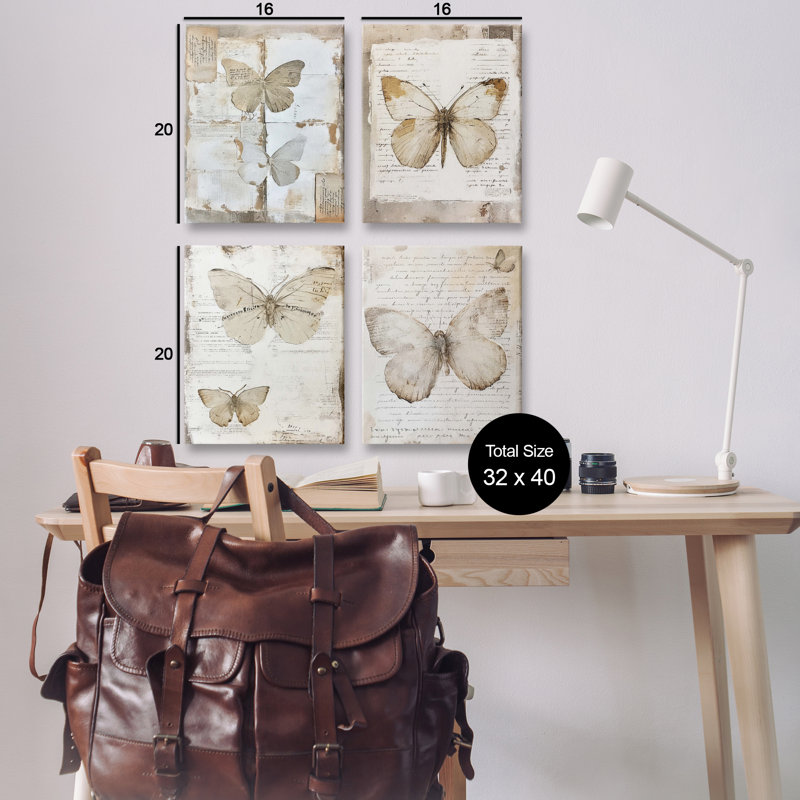  «Neutral Vintage Butterflies», ensemble de 4 impressions sur toile par RileyB, H 20 po x l 16 po