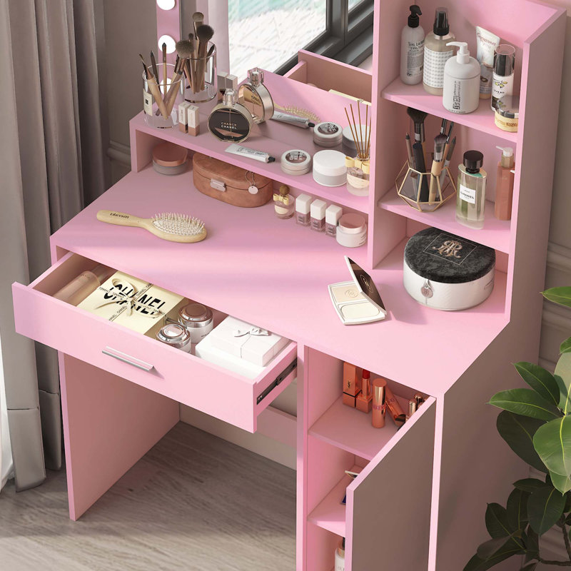 Coiffeuse Rhett avec miroir, éclairage DEL et rangement spacieux Rhett, Rose pastel