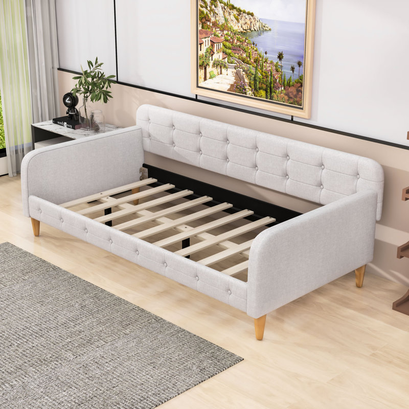 Lit de jour en tissu d'ameublement avec pieds, Beige, Lit simple
