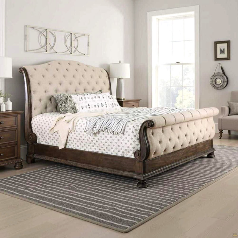 1pièce lit très grand capitonné beige, Très grand lit