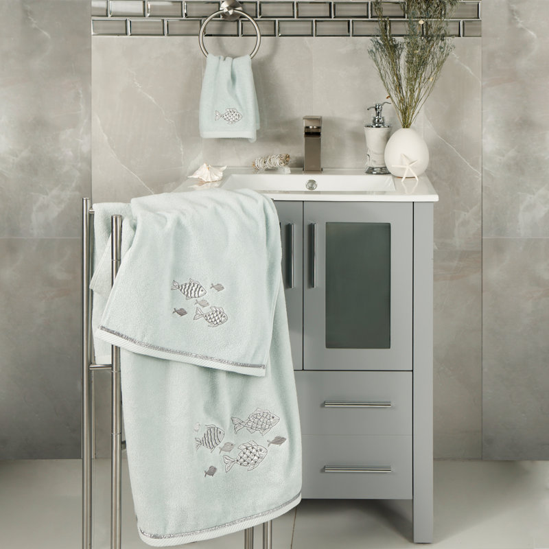 FIGI 2PC Embellished Bath Towel Set Midweight Bath Towel, Aqua