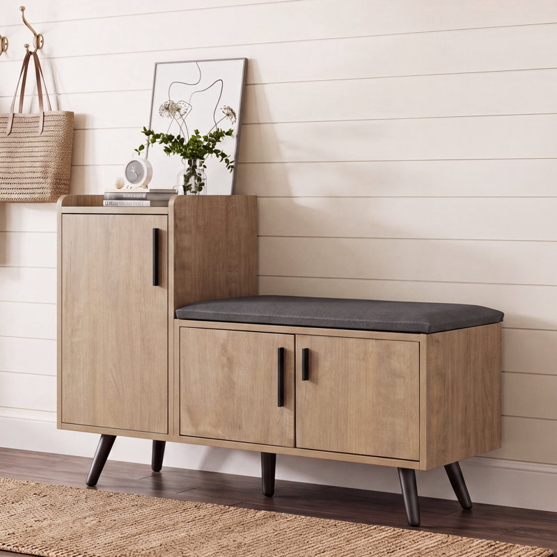 Fabric Upholstered Bench with Shoe Storage, Brown