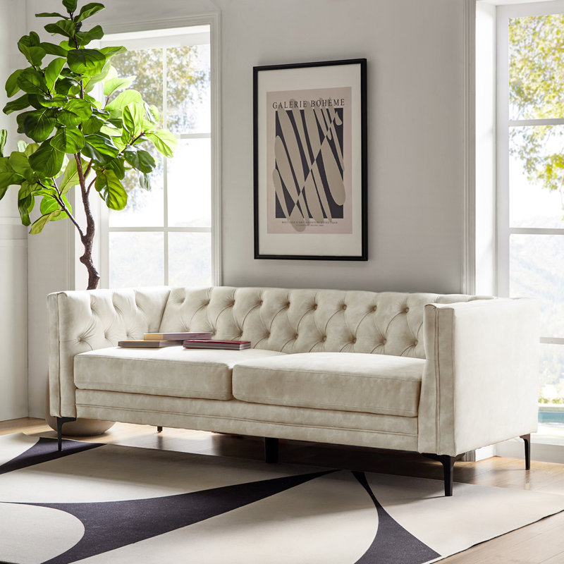 Brinna Upholstered Button-Tufted Sofa with Metal Legs, Beige