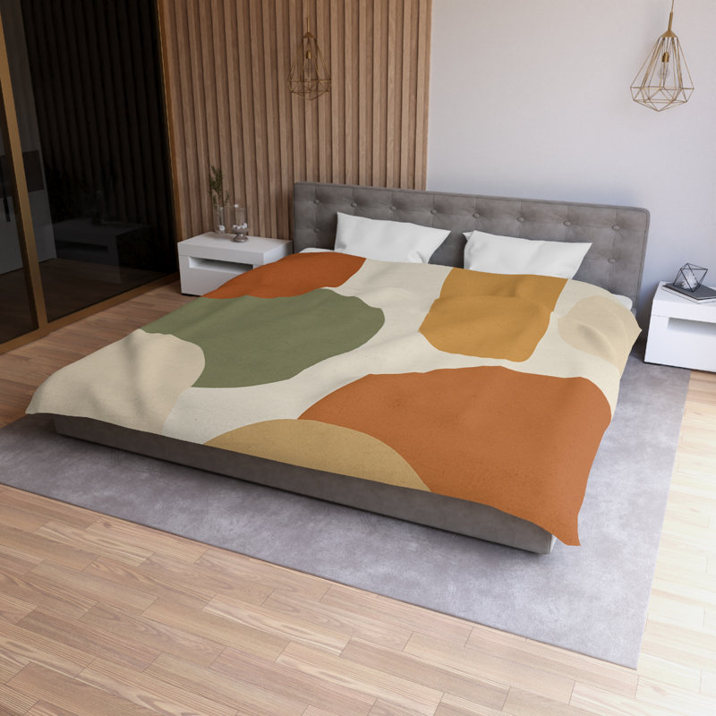 Microfiber Duvet Cover Boho Style, Design 13, Natural/Green/Orange/White, King Duvet Cover