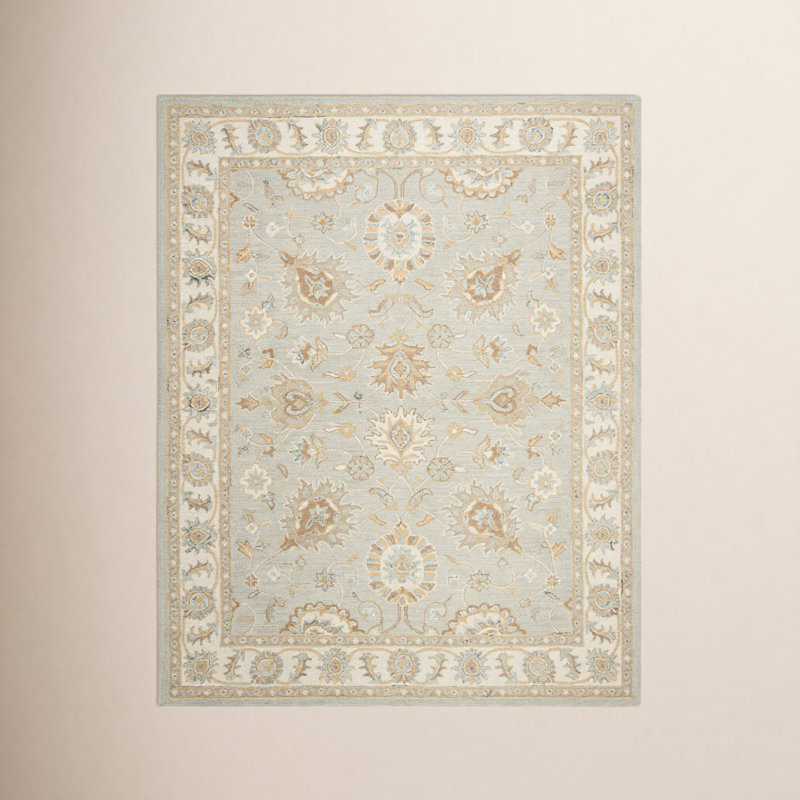 Desmondia Handmade Wool Aqua/Ivory Rug, Rectangle 5' x 8'