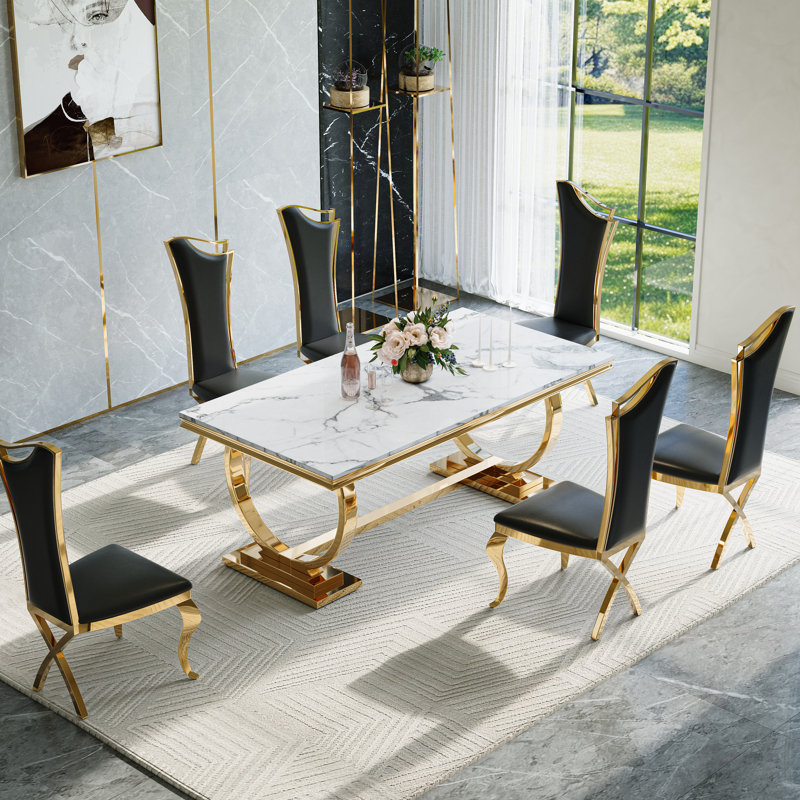 Ensemble de salle à manger 7 pièces 7 pièces - Table en placage de marbre 70 po avec base en acier inoxydable et 6 chaises rembourrées