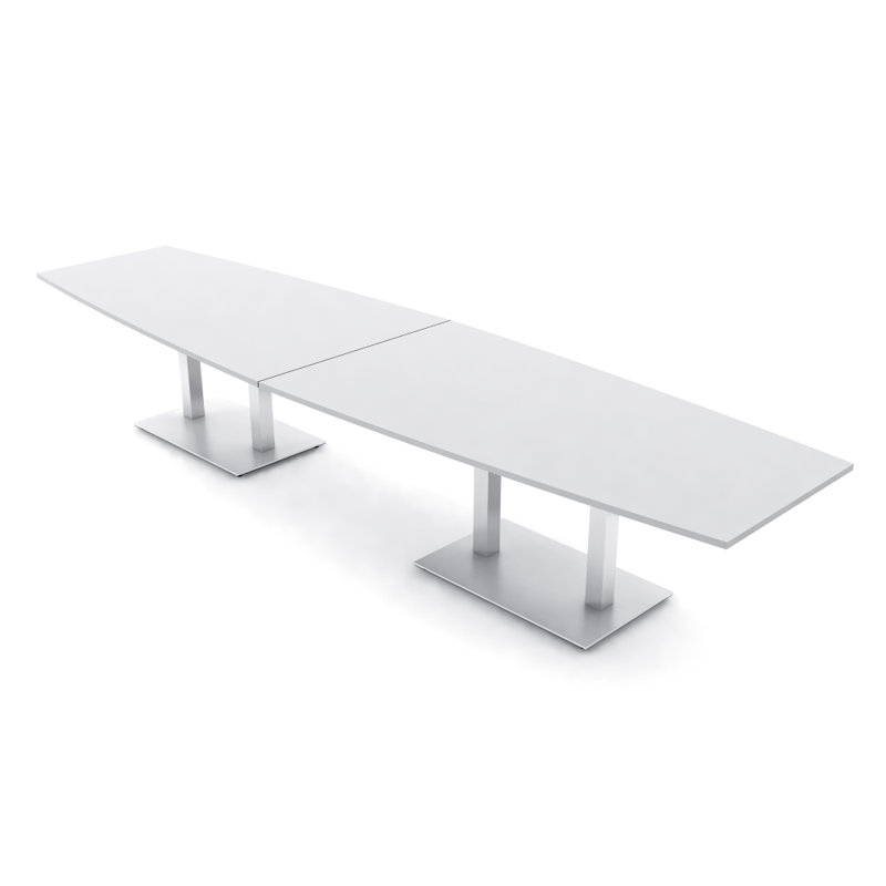 Table de conférence en forme de bateau avec base en métal double, L 168 po x l 48 po, Blanc classique, Argent argent