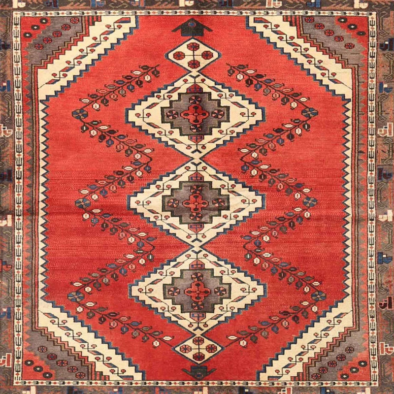 Tapis rouge/brun/beige traditionnel Risanna, Carré 5 pi